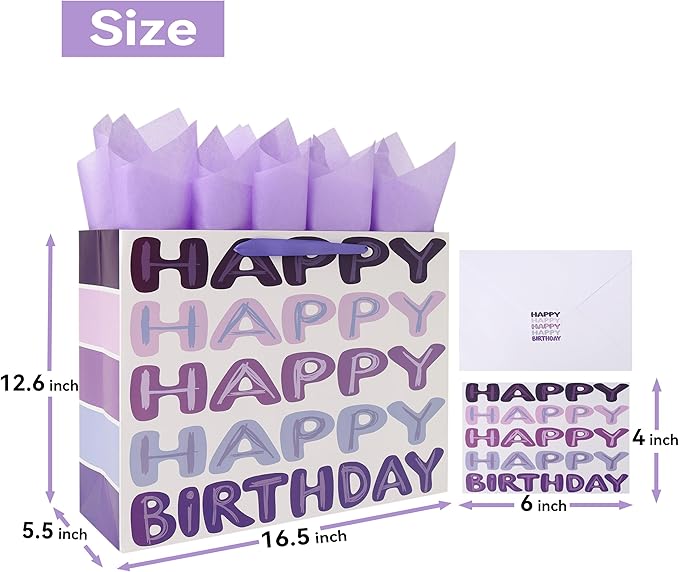 Qirrmiy 16.5" Extra Large Purple Happy Birthday Gift Bag Set with Handles, Greeting Card, Tissue Papers and Stickers for Women Girls Kids Teens, Words Design, 1 Pcs