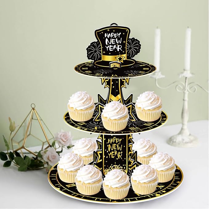 2025 Happy New Year Cupcake Stand 3-Tier Round Cupcake Stand New Years Eve Cake Stand Party Supplies New Year Table Decorations
