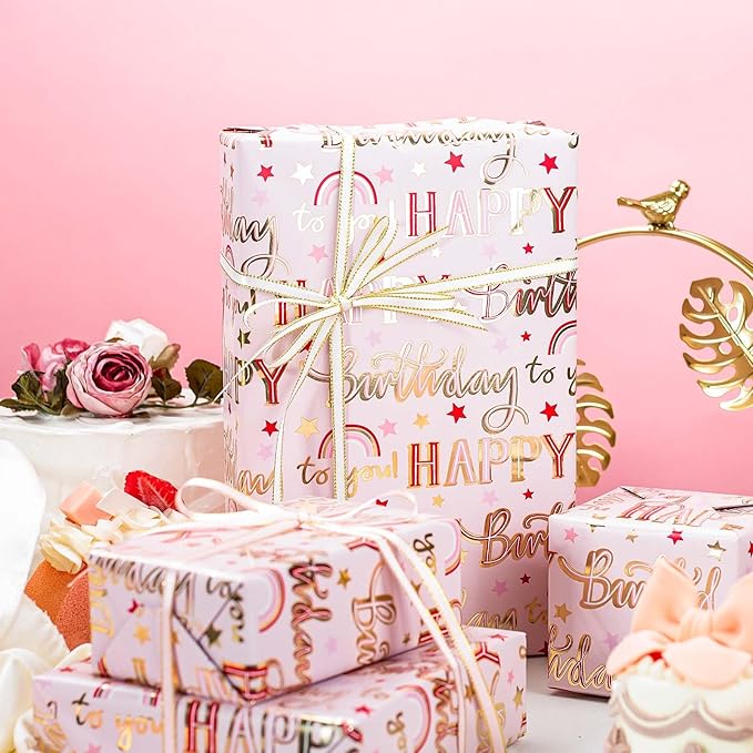MAYPLUSS Pink Foil Happy Birthday Wrapping Paper Roll, Chic Metallic Rainbow and Star Gift Wrap for Girl Baby Shower Party(17 Inch x 33 Feet)