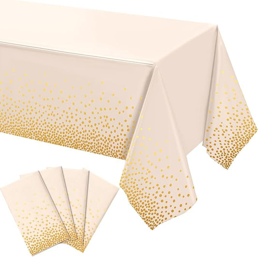 Tegeme 4 Packs White and Sand Gold Plastic Table Cloths for Parties Disposable Graduation Ramadan Mubarak Tablecloths Decoration with Gold Stamping Dot 108 x 54'' for Birthday Graduation Ramadan