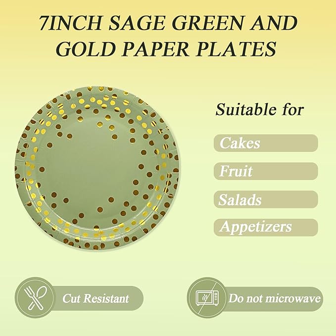 72PCS Sage Green Paper Plates and Napkins - Sage Green Gold Dots Tableware Set Include Dessert Plates,Napkins and Forks Disposable Decoration Supplies for Birthday Graduations Wedding Party,Serve 24