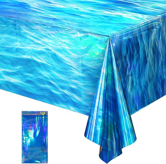 1 Pcs Iridescent Ocean Waves Tablecloths Disposable Plastic Ocean Blue Table Cloth Rectangle Table Covers for Under the Sea Beach Surf Ocean Pool Party Birthday Party Decorations, 54 x 108 Inch