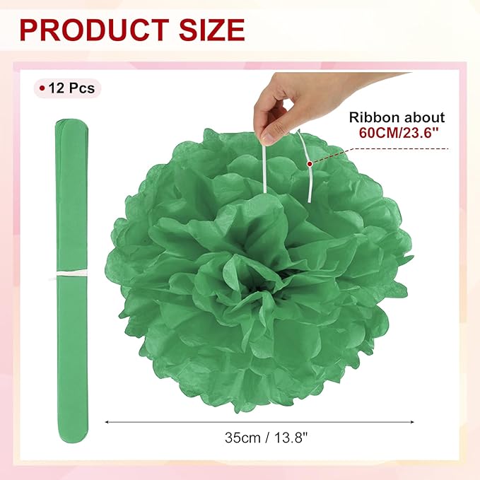 PATIKIL 14inch Tissue Paper Pom Poms, 12PCS Pom Poms Paper Flowers Ball Tissue Paper Flowers for Wedding Bridal Shower Birthday Bachelorette Party Backdrop Decoration, Dark Green