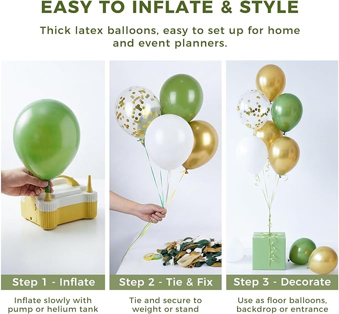 LovesTown 150 PCS Sage Green White Gold Balloons Different Size of 18 12 10 5 Inch, Gold Confetti Balloons with Ribbons for Boho Wedding Bridal Shower Safari Birthday Party Decorations