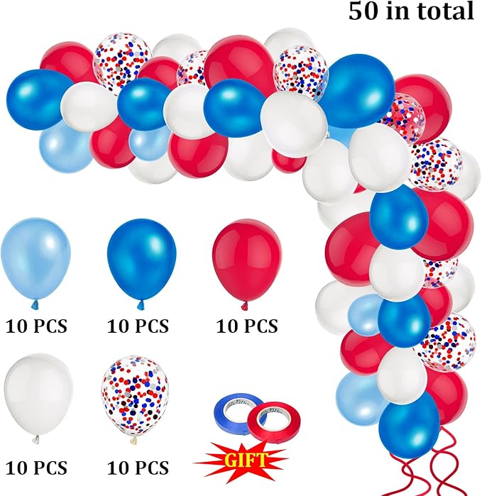 50 Party Balloons Red White Blue Balloons 12 Inches July 4th Birthday Latex Balloons for Independence Day Veterans Memorial Patriotic 4th of July Nautical Theme Party Supplies