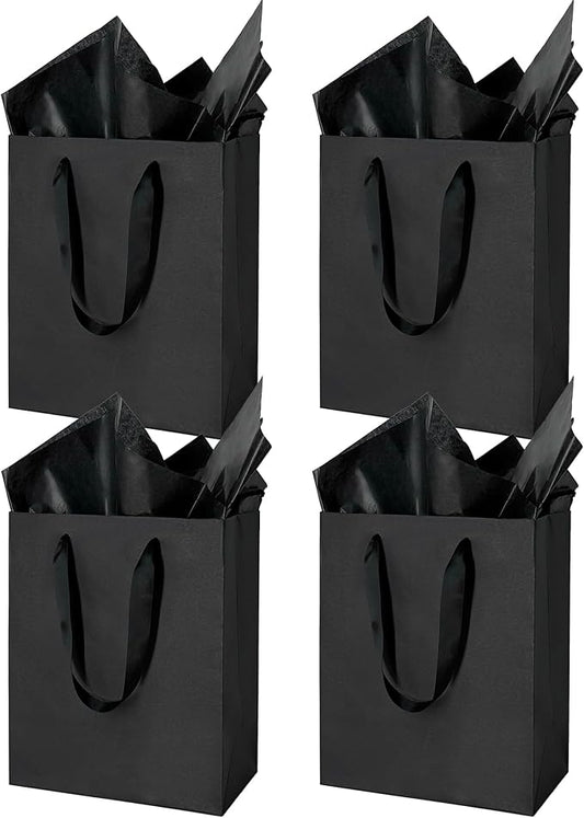 MOXARYSU 4 Pcs Medium Black Gift Bags: 8x5x10 Inches Gift bags With Handles Party Favor Bags With 8 Tissue Paper For Party,Birthday,Baby Shower,Wedding（Black）