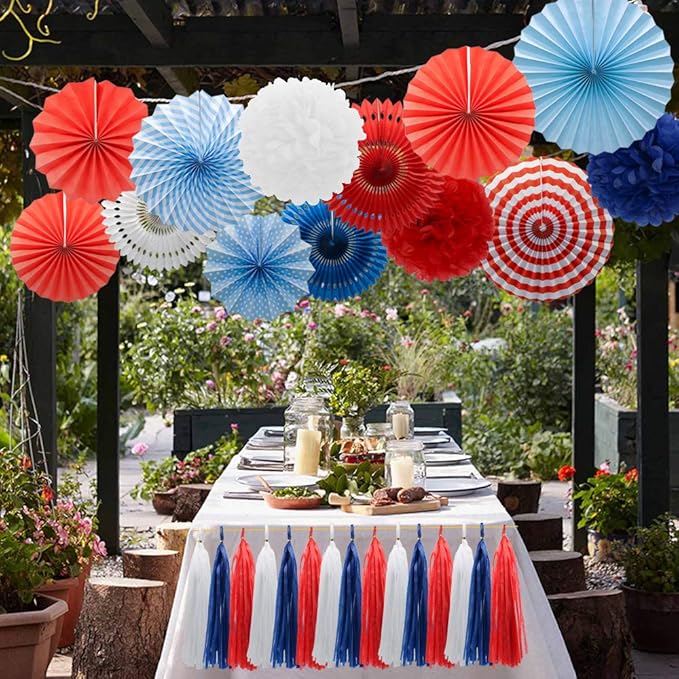 Navy Blue Red White Party Decorations Hanging Paper Fans Pom Poms Flowers Tissue Tassel Garland for 4th of July Day Patriotic Decoration Graduation Birthday Supplies