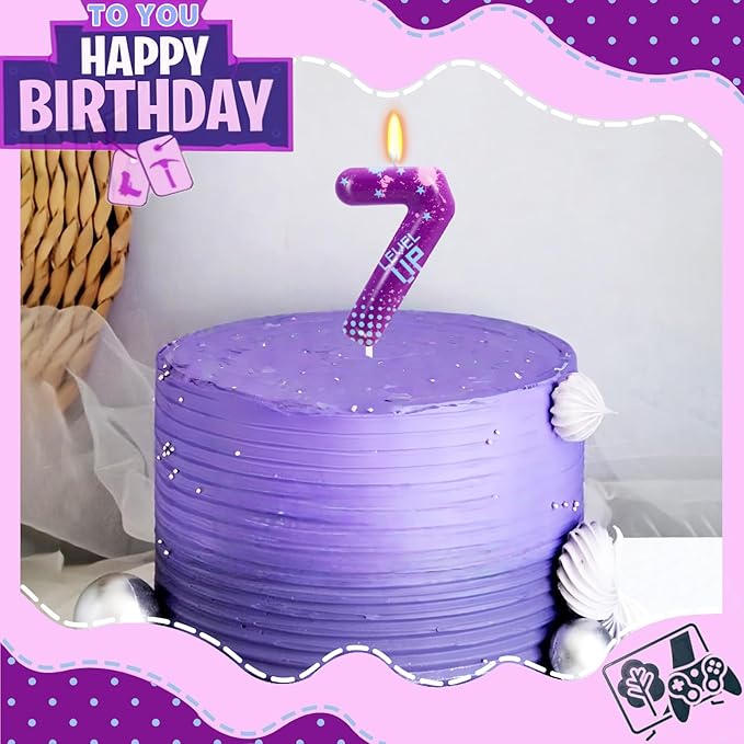STG Birthday Candles for Boys - Number 7 Candle for Video Game Birthday Cake Topper, Fort Battle Level Up Sandbox Games Birthday Party Supplies (Purple)