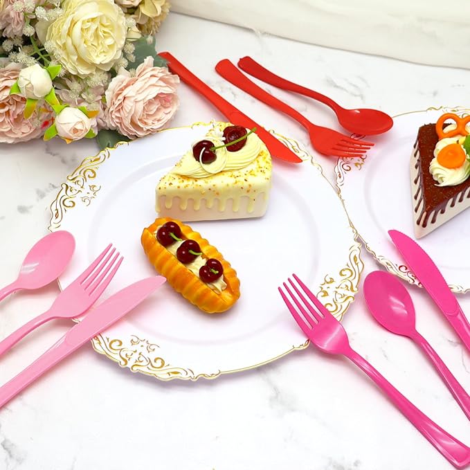 153 Pcs Valentine's Day Plastic Silverware Heavy Duty Disposable Tableware Sets Includes Spoons Forks Knives for Valentine's Day Party Decorations (Pink, Hot Pink, Red)