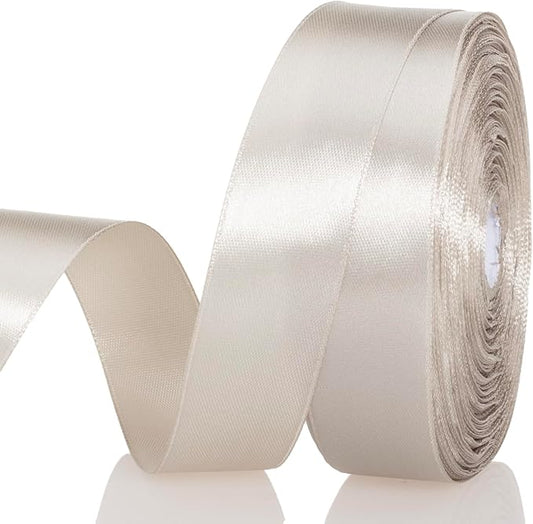 YASEO 1 Inch Linen Beige Solid Satin Ribbon, 50 Yards Craft Fabric Ribbon for Gift Wrapping Floral Bouquets Wedding Party Decoration