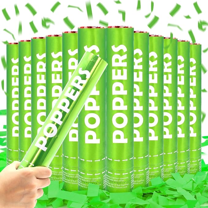 Confetti Cannon 12Pack Green Party Popper Shooters 12 Inch Confftti Poppers for Wedding Birthday Graduation Baby Shower Party Celebrations Supply Launches 20-25ft