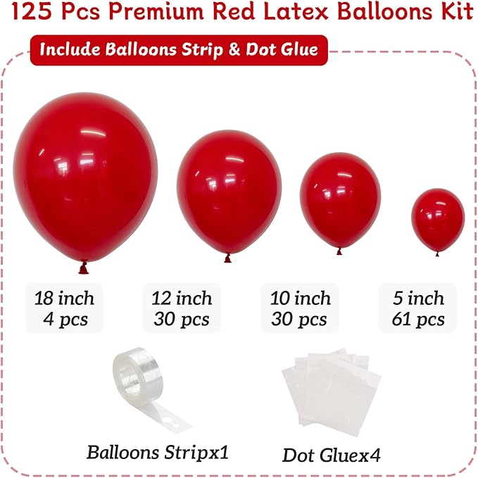 Red Balloons 125 Pcs Balloon Different Sizes 18 Inch 12 Inch 10 Inch 5 Inch Red Balloons Arch Kit Garland for Birthday Party Baby Shower Graduation Christmas Valentines Day Decorations