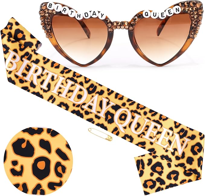 Cheetah Print Happy Birthday Decorations Set - BIRTHDAY QUEEN Leopard Birthday Sash & Sunglasses, Funny Bday Decoration Accessories for Women Party Favors SuppliesStyle A