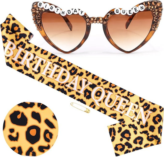 Cheetah Print Happy Birthday Decorations Set - BIRTHDAY QUEEN Leopard Birthday Sash & Sunglasses, Funny Bday Decoration Accessories for Women Party Favors SuppliesStyle A