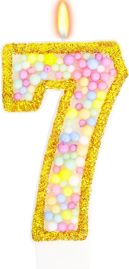 7th Birthday Candle for Cake, Colorful Macaron Numeral Candles for Girls/Boys, Sponge Birthday Party Cake Decorations, Golden Cake Topper(Number 7)