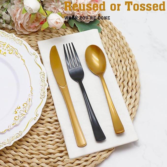 150 PCS Black and Gold Plastic Silverware Heavy Duty Black and Gold Plastic Cutlery Tableware Sets Includes Spoons Forks Knives for Birthday, 2026 Graduation Party