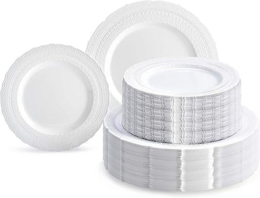 OCCASIONS 120 Guests Heavy Duty Disposable Plastic Plates Set ??240 Piece Premium Reusable Dinner & Salad Plates, Elegant Fancy Party Plates for Weddings, Events, Parties ??Chateau White Collection