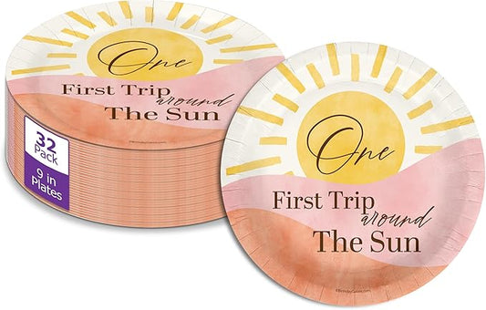 First Trip Around The Sun 1st Birthday - 32 Piece Disposable Party Supplies - Decorations for Girl's Sunshine 1st Birthday Round Party Plates - Large 9" Paper Plates In Bulk