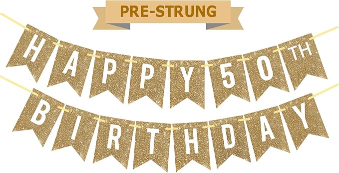 Netnology Pre-Strung Gold Happy 50th Birthday Banner Decorations,12 ft No DIY Gold Glitter 50th Birthday Party Banner Sign Decor for Women Men Girl Boy Party Supplies