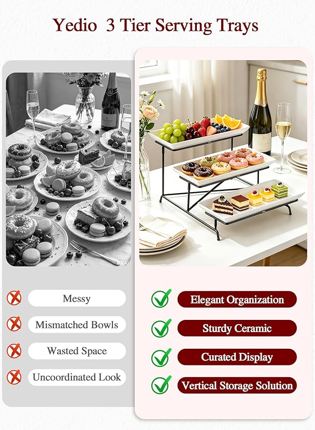 3 Tier Serving Tray Set 14 Inch Porcelain Tiered Serving Trays Platters, Collapsible Sturdier Stand with Stable Cross Bars, Three Layer Serving for Party Entertaining Food Display Fruit Dessert