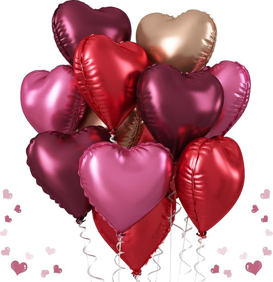 Wine Red Heart Balloons, 18 Inch 12 Pcs Burgundy Red and Pink Foil Heart Balloons Red and Rose Gold Heart Shape Foil Balloons Party Decoration for Birthday Wedding Valentines Anniversary