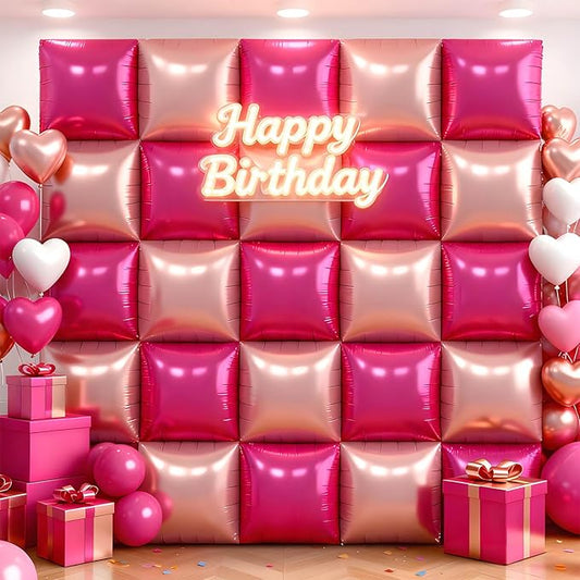 36Pcs Hot Pink and Rose Gold Square Foil Balloons Wall Backdrop, Double Sided Metallic Foil Balloons Tunnel Arch Garland Kit for Photo Booth Birthday Wedding Halloween Christmas Party Decorations