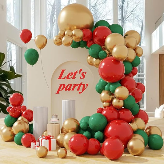 Christmas Balloons Arch Kit, 102pcs Red Green Gold Balloons Difference Sizes Latex Balloons with 16ft Tape Strip & Dot Glue for Christmas, Birthday Party Decoration