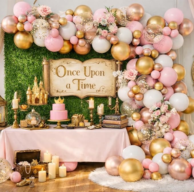Rose Gold Pink White Balloon Garland Arch 160PCS Confetti Balloons Baby Shower Once Upon a Time Princess Birthday Fairytale Engagement Bridal Shower Party Decoration