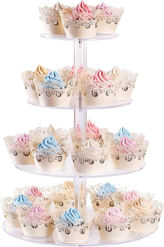 Cupcake Stand with Base, 4-Tier Round Acrylic Cupcake Display Stand Dessert Tower Pastry Stand Premium Cupcake Holder for Wedding Birthday Theme Party - Transparent