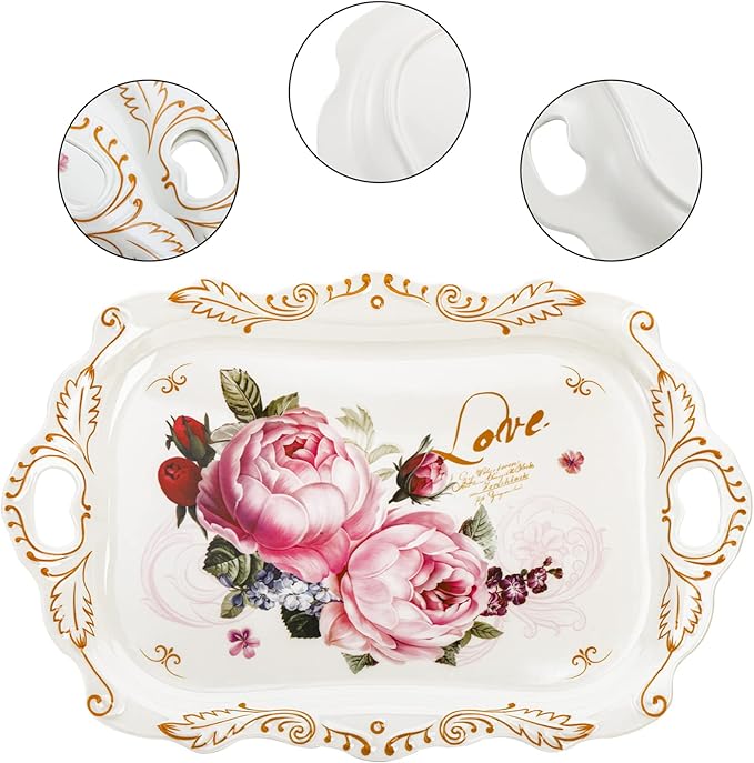 DEAYOU 3-Pack Melamine Serving Tray, Stackable Food Tray with Handles for Eating, Unbreakable Large Serving Platter with Floral Print for Gift, Party, Decor, Home, Restaurant, 16"L x 11"W, Rectangle