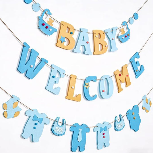 SUNBEAUTY Boy Baby Shower Decorations Welcome Baby Felt Banner Blue Boy Baby Bodysuit Banner with DIY Felt Balls Welcome Baby Sign for Gender Reveal Birthday Baby Shower Neutral Party Nursery Decor