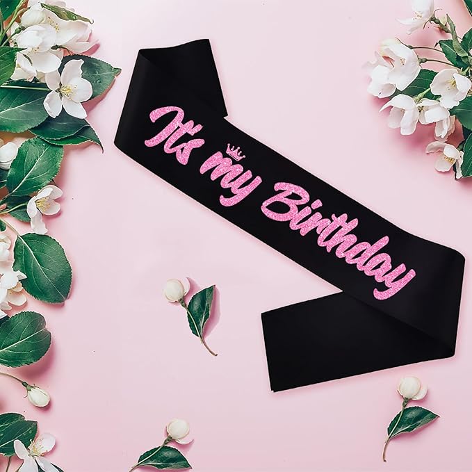 It's My Birthday Sash Black with Glitter Pink Letters Happy Birthday Sash for Women Girl Bday Gift Ideas Party Favors