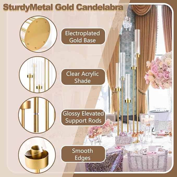 6PCS 5 Arm Candle Holder for Wedding Table,39.4'' Tall Gold Floor Candelabra with Acrylic Lampshade for Birthday Party Home Decoration,Fit LED Taper Candles
