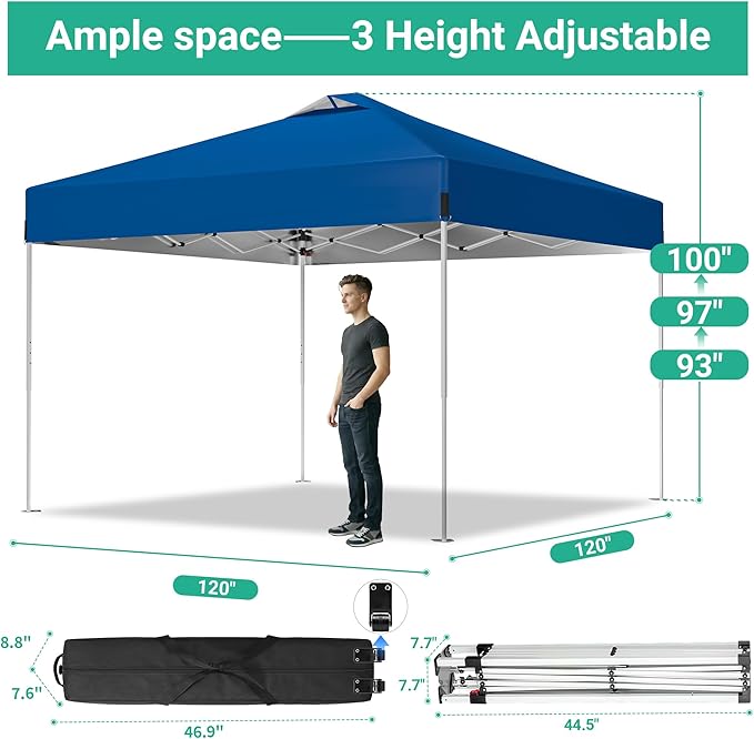 10 x 10FT Blue Pop Up Canopy Tent, Easy Setup Outdoor Portable Gazebos Shelter Sun Shade with Wheeled Carry Bag, Sandbags for Events, Party, BBQ, Backyard, Adjustable Height