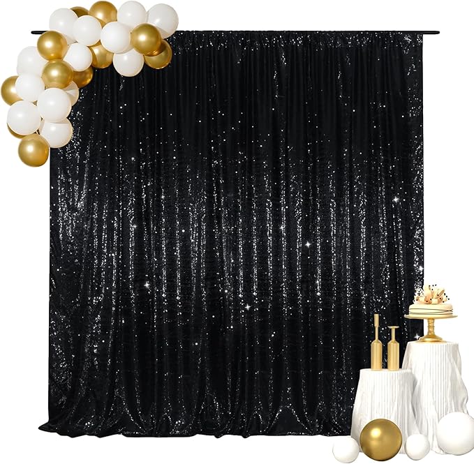 SquarePie 8x8ft Black Sequin Backdrop for Photography, Satin-Backed Real Sequin Curtain, Enhanced Coverage Shimmering Background with 4" Rod Pocket for Wedding, Birthday, Party Decor, 1 Panel