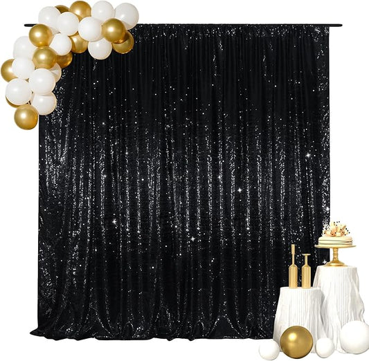 SquarePie 8x8ft Black Sequin Backdrop for Photography, Satin-Backed Real Sequin Curtain, Enhanced Coverage Shimmering Background with 4" Rod Pocket for Wedding, Birthday, Party Decor, 1 Panel