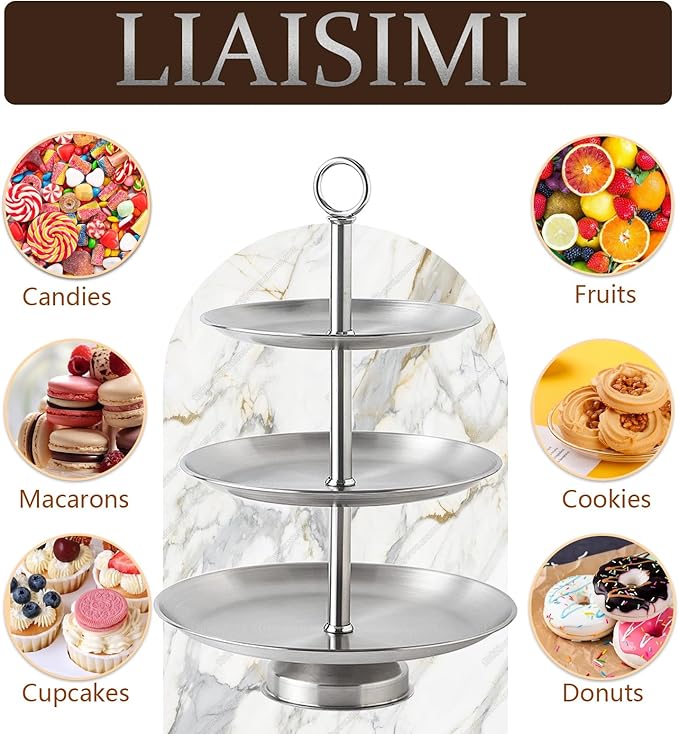 3 Tier Silver Metal Cupcake Stand Holder,Stainless Steel Cup Cake Stand Tower with Tiered Serving Tray and Base for Parties,Weddings,Birthdays and Any Festivals and Celebrations(with Base)