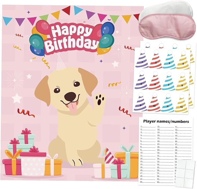 PARTYLOUD Dog Birthday Party Games, Pin The Hat on The Dog, Dog Themed Pet Party Games Toddlers Preschool Party Supplies Favors for Boys Girls Adults 24 Guests