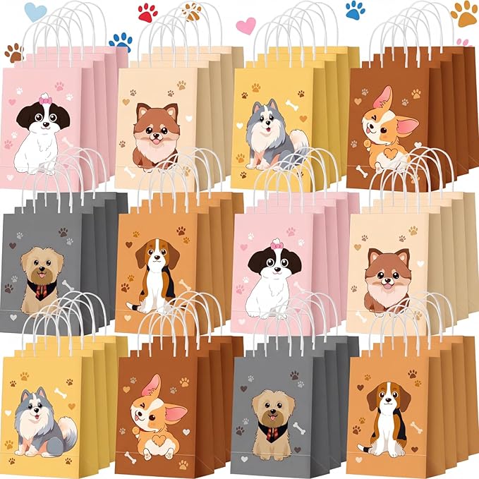 Zhanmai 48 Pcs Dog Birthday Party Favors Bags Bulk for Goodie Gifts Cute Puppy Candy Treat Paper Bags with Handles for Dog Birthday Party Decoration Supplies Pet Adoption