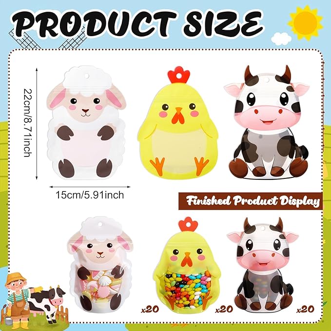 Resurhang 60 Pcs Farm Animal Party Zipper Treat Bags Farm Theme Food Goodie Gifts Bags Resealable Farmhouse Animals Barnyard Party Snack Candy Containers for Girls Kids Baby Shower Birthday Supplies
