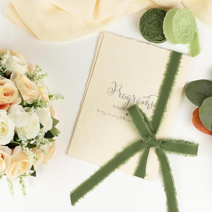 Green Cotton Ribbon 5/8 Inch Sage, Moss & Ivory 3 Rolls 21 Yards Frayed Edge Fabric Set for Boho Rustic Wedding Invitations, Bridal Bouquets, Gift Wrapping, DIY Crafts, Spring Home Decor