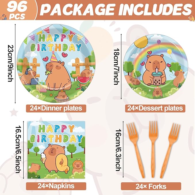 96PCS Capy Themed Bara Birthday Party Supplies Cute Cartoon Capy Paper Plates and Napkins Kapybara Themed Disposable Tableware Animal Dinnerware Decorations Set for Kids Birthday Baby Shower Serves24
