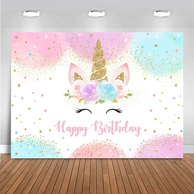 Mocsicka Unicorn Birthday Decorations Backdrop for Girls Party 6x4ft Pastel Rainbow Glitter Stars Dots Happy Birthday Banner Photo Booth Props