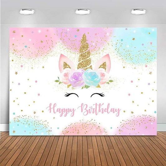 Mocsicka Unicorn Birthday Decorations Backdrop for Girls Party 8x6ft Pastel Rainbow Glitter Stars Dots Happy Birthday Banner Photo Booth Props