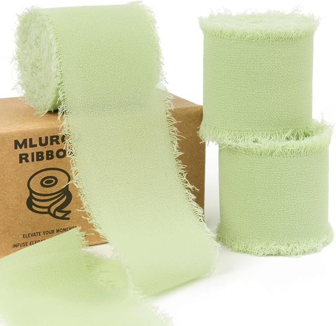 Lily Green Chiffon Ribbon - 1 1/2 Inch x 21 Yards, Handmade Fringe, Silk, Boho Frayed, Green for Weddings & Gift Wrapping