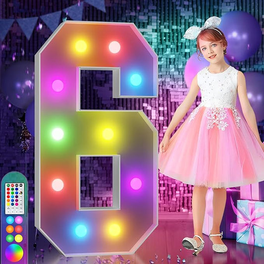 imprsv 4FT Colorful Marquee Numbers,18 Colors with Remote, Light Up Numbers 6 for 16th 60th Birthday Decorations Anniversary Party Decor, Pre-Cut Foam Board Kit, Mosaic Sign for Balloon