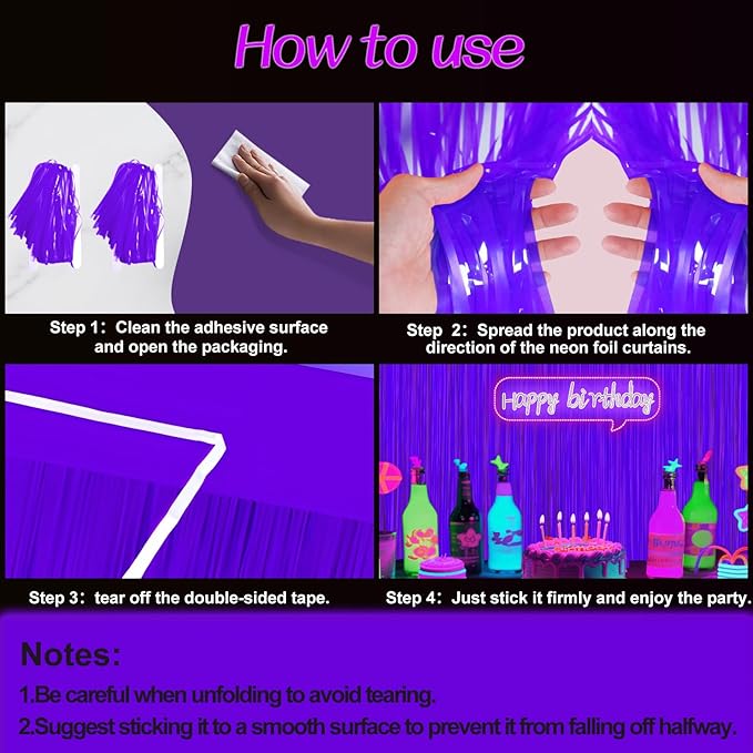 Glow in The Dark Party Supplies 2 Pack Neon Party Decorations Fluorescent Tinsel Foil Fringe Curtains Photo Booth Prop Backdrop Streamer Blacklight Decorations (Neon Purple)