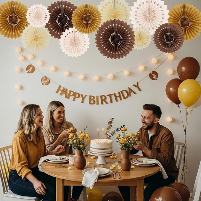 BEISHIDA Brown Tissue Hanging Honeycomb Round Paper Fans Decoration Set for Birthday Baby Shower Bachelorette Wedding Photo Booth Backdrops Anniversary Paper Party Supplies(12 Packs)