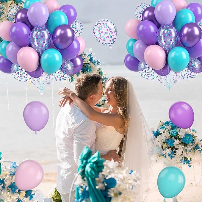 Mermaid Party Balloons, 60PCS Purple Pink Blue Balloons, 12Inch Metallic Purple Teal Blue Confetti Latex Balloon Helium for Girls Mermaid Theme Birthday Baby Shower Wedding Party Decorations