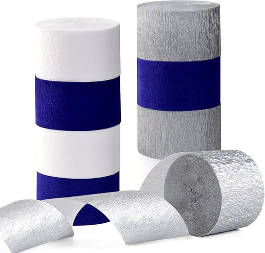 Navy-Blue White- Silver Crepe Paper Streamers - 9 Rolls Royal Blue Graduation 2025 Men Boy Birthday Party Decorations Streamer Wedding Bridal Shower Paper Garland Fathers Day Decor Panduola